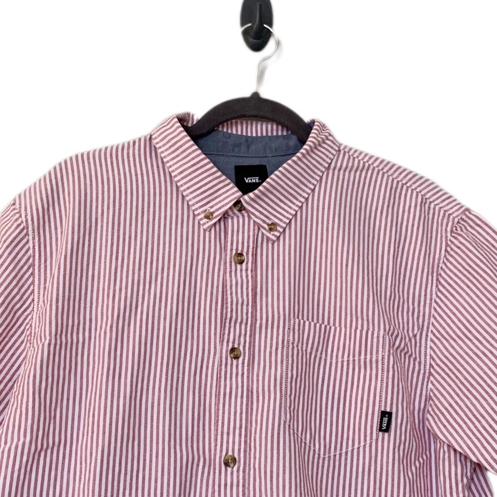 Vans Mens Classic Button Down Shirt Collared Stripe Coral White Short Sleeve - Picture 4 of 13